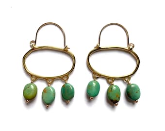 PENELOPE Wabi Sabi Hoop Earrings with Turquoise / Earrings with Arizona Turquoise in Brass, Sterling Silver, 14k Vermeil or 10k gold