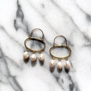 PENELOPE Wabi Sabi Hoop Earrings with Pearls / Handmade Minimalist Oval Earrings in Brass, Sterling Silver, 14k Gold Plated or 10k gold image 5