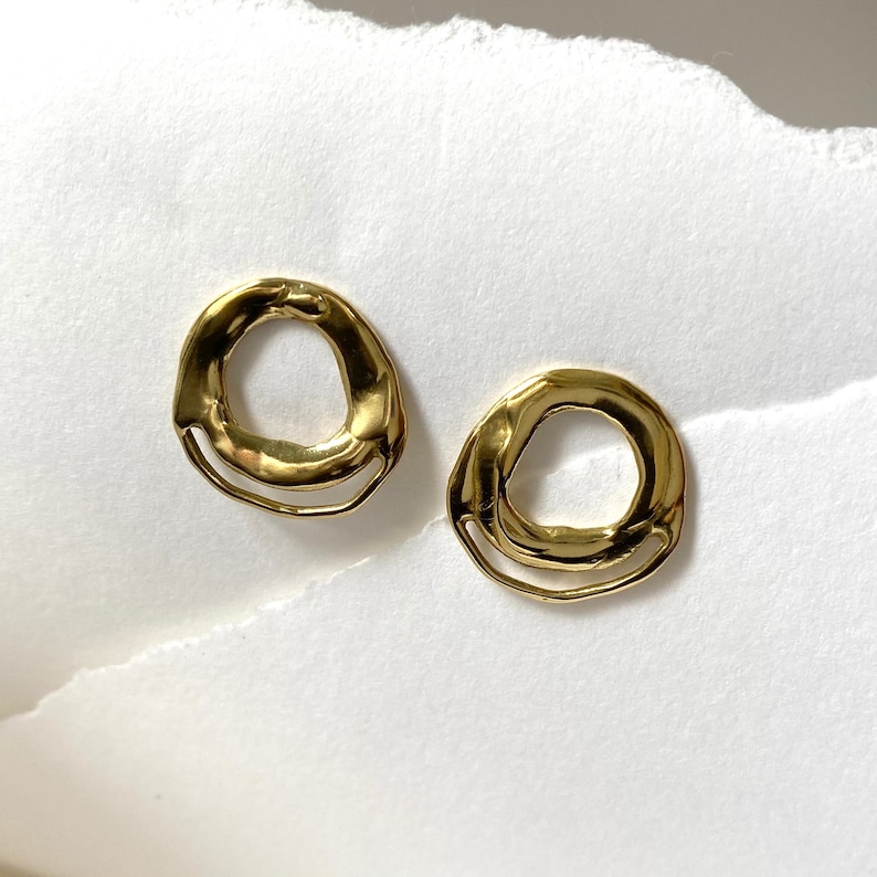 COVE Circle Stud Earrings // Handmade Sculptural Cast Earrings in Brass, Sterling Silver or 10k Gold image 1