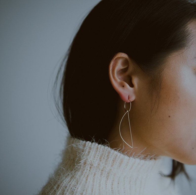 Minimalist BAUHAUS I Half Moon Drop Earrings / / Delicate Lightweight Sterling Silver or 14k Gold Fill Wire Hoop Earrings image 4