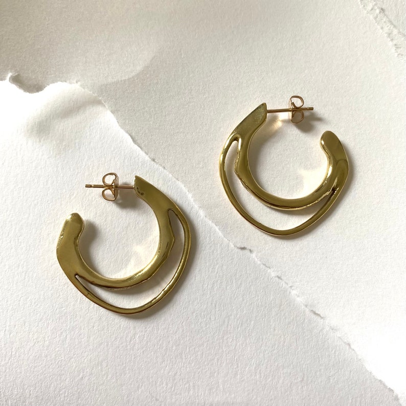 NAIAD Handmade Sculptural Hoop Earrings // Stud Hoop Earrings in Brass, Sterling Silver, 14k Gold Vermeil or 10k Gold image 2