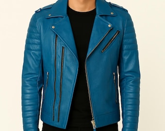 Men's Sky Blue Slim Fit Leather Motorcycle Jacket Stylish Cowhide Biker Coat for Riders