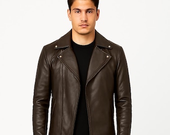 Vintage-Inspired Men's Brown Sheepskin Leather Motorcycle Jacket with Zipper Cuffs