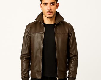 Handmade Brown Leather Bomber Jacket - Men's Sheepskin Aviator Coat with Quilted Lining