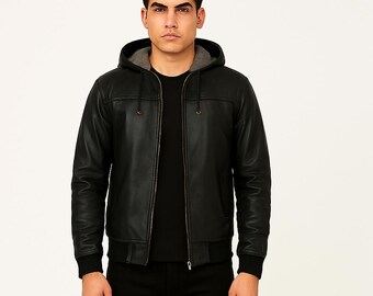 Men's Black Hooded Sheepskin Leather Bomber Jacket - Quilted Winter Biker Coat Slim Fit