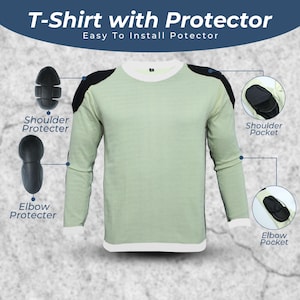 CE-certified motorcycle armor pads for shoulders and elbows, designed for impact resistance and rider safety. Detailed close-up of the Kevlar lining inside the t-shirt, highlighting the abrasion-resistant aramid fiber material.