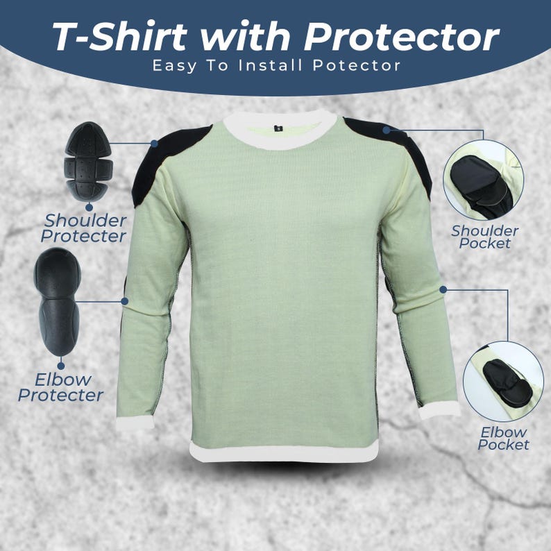 CE-certified motorcycle armor pads for shoulders and elbows, designed for impact resistance and rider safety. Detailed close-up of the Kevlar lining inside the t-shirt, highlighting the abrasion-resistant aramid fiber material.