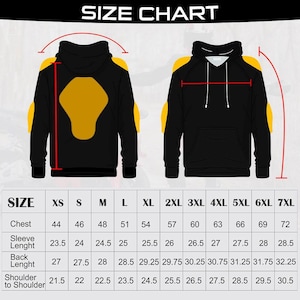 Size chart for motorcycle Kevlar hoodie with measurements in inches for chest, sleeve, and length
