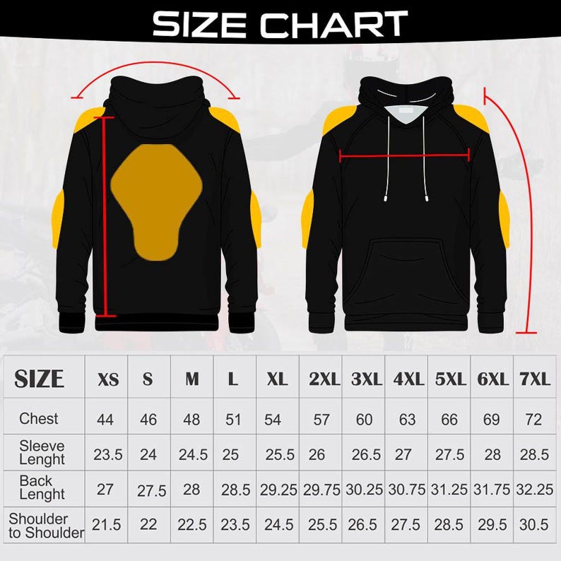 Size chart for motorcycle Kevlar hoodie with measurements in inches for chest, sleeve, and length