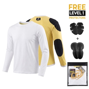 May include: A long-sleeve shirt in white and another in yellow with black shoulder and elbow patches. Includes two pairs of black protective inserts labelled Level 1 and a clear plastic storage bag with the Carnac logo and product information.