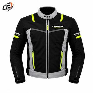 Puede incluir: Una chaqueta de moto negra, gris y amarillo neón con cuello alzado, cremallera frontal completa y dos bolsillos laterales con cremallera. El pecho y las mangas muestran el texto CARNAC BIKERS en blanco con detalles en amarillo neón.