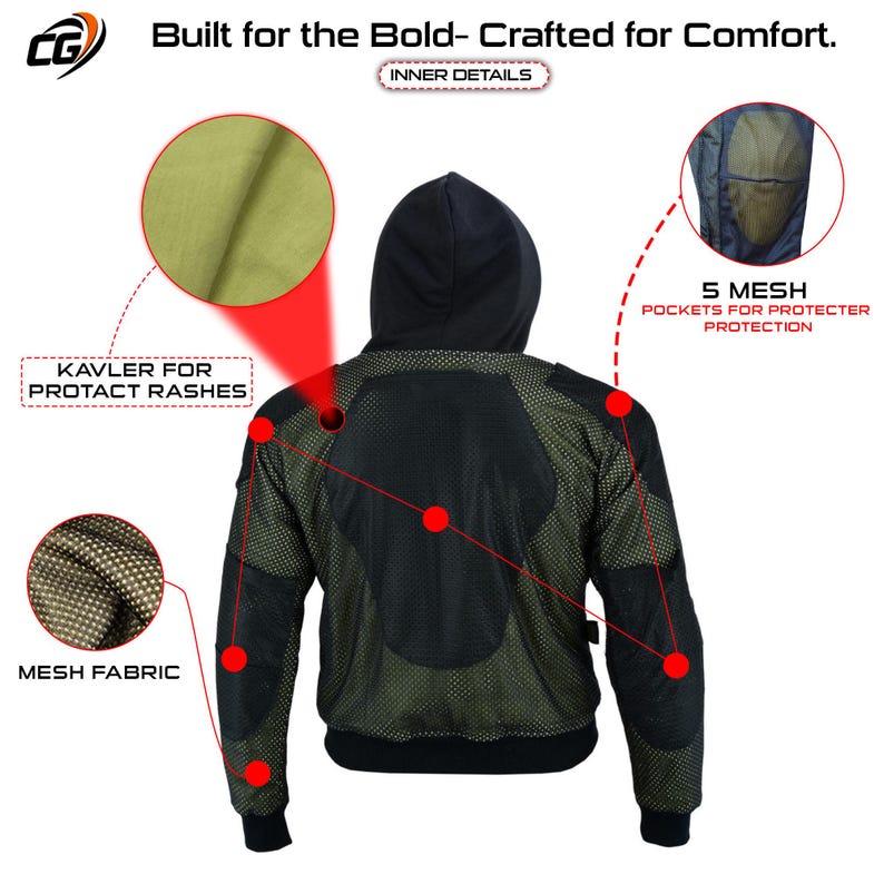 Close-up of DuPont Kevlar lining and removable CE Level 2 shoulder armor inside motorcycle hoodie
