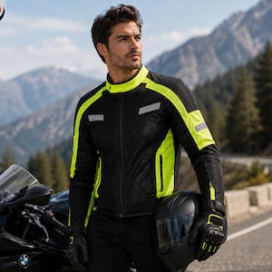 Könnte beinhalten: Eine schwarze Motorradjacke mit neongelben High-Visibility-Einsätzen, Stehkragen, durchgehendem Frontreißverschluss und reflektierenden silbernen Streifen an Brust und Ärmeln. Die Jacke besteht aus Mesh-Material und hat lange Ärmel.
