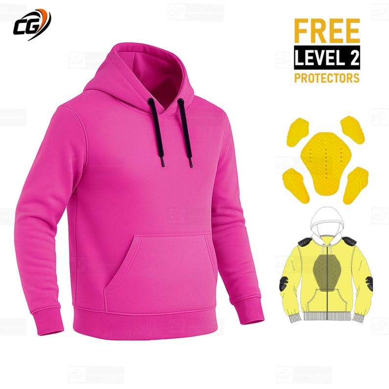 May include: A vibrant pink hoodie with a front pocket and black drawstrings. The image also includes a diagram of yellow protective gear and the text "FREE LEVEL 2 PROTECTORS". The hoodie is a casual garment.