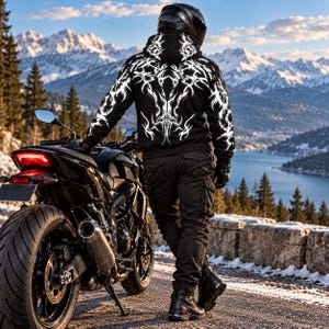 May include: A black hooded sweatshirt featuring a white symmetrical tribal graphic print on the back, worn with black cargo pants and black boots, standing next to a black motorcycle with a red taillight against a snowy mountain backdrop.