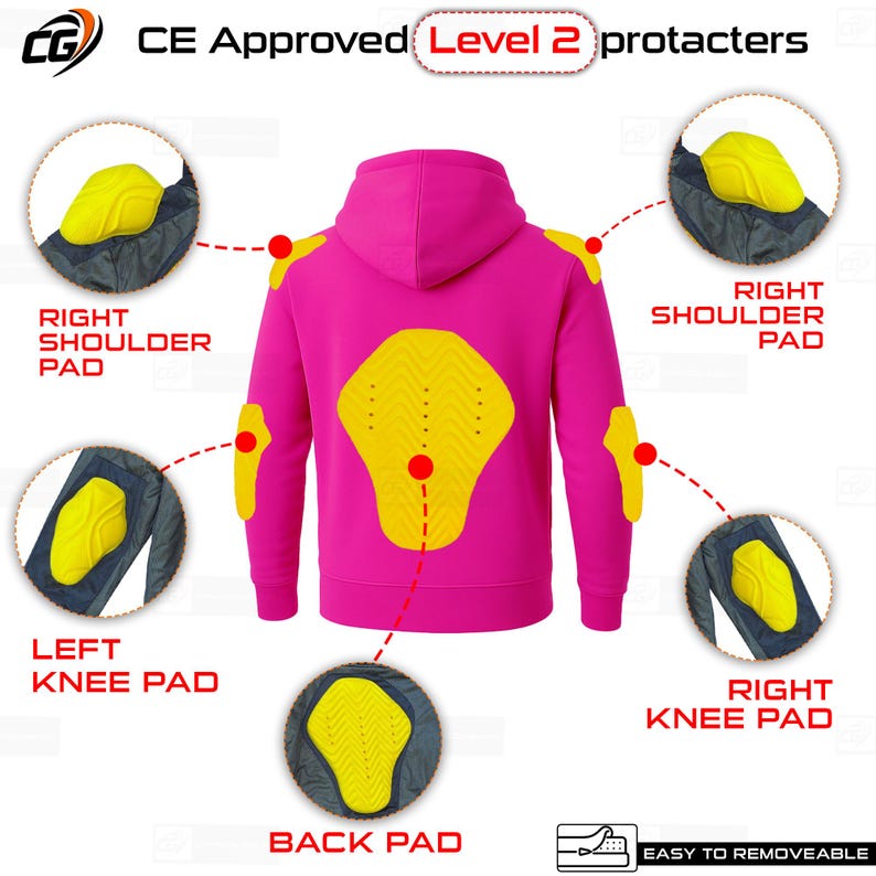 May include: A bright pink hoodie with yellow protective pads at the shoulders, elbows, back, and knees. The image shows the placement of the pads, labeled "CE Approved Level 2 protacters". The pads are easy to remove.