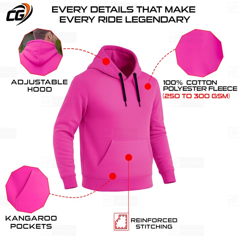 May include: A vibrant pink hoodie with an adjustable hood and kangaroo pockets. The hoodie is made of 100% cotton polyester fleece, with reinforced stitching. The text on the image reads "EVERY DETAILS THAT MAKE EVERY RIDE LEGENDARY."