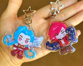 Arcane Jinx and Vi Acrylic Keychain | Ekko Caitlyn Jayce Viktor League of Legends Riot epoxy trinket charm bag hextech sticker
