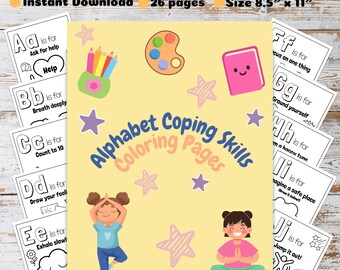 Puede incluir: Una descarga digital de "Páginas para colorear del alfabeto de habilidades de afrontamiento". La portada presenta el título, ilustraciones y el texto "Descarga instantánea, 26 páginas, Tamaño 21,6cm x 28cm".