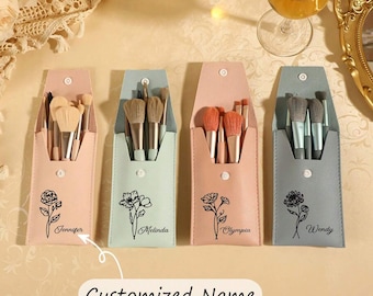 Conjunto de pincéis de maquiagem para noivas com flor de nascimento e nome personalizados, perfeito para casamento, presente para madrinhas, presente para mãe ou namorada, presente de Dia dos Namorados.
