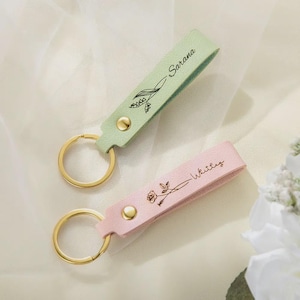 Porte-clés personnalisé fleur de naissance, porte-clé en cuir, cadeau d'anniversaire, fête des pères, cadeau d'anniversaire, cadeau personnalisé