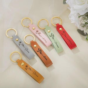 Porte-clés personnalisé fleur de naissance, porte-clé en cuir, cadeau d'anniversaire, fête des pères, cadeau d'anniversaire, cadeau personnalisé