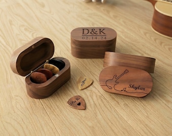 Personalised Wooden Guitar Pick Box & Custom Picks, Engraved Wooden Capo, Musician Plectrum Organiser Case, Acoustic Guitarist Gift For Him