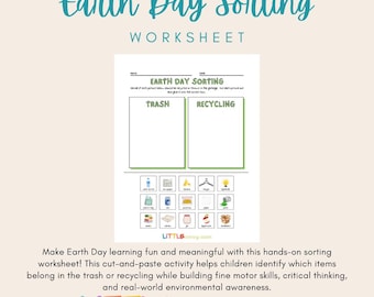 Earth Day Sorting Worksheet | Recycling Activity for Kids | Cut and Paste Trash vs Recycle Printable | Preschool Pre-K