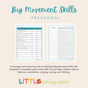 Puede incluir: Una lista de verificaci&oacute;n imprimible para preescolar para rastrear las habilidades de movimiento grandes. La lista de verificaci&oacute;n incluye una lista de habilidades como saltar, saltar y trepar. El texto "Big Movement Skills Preschool" est&aacute; en la parte superior de la p&aacute;gina.