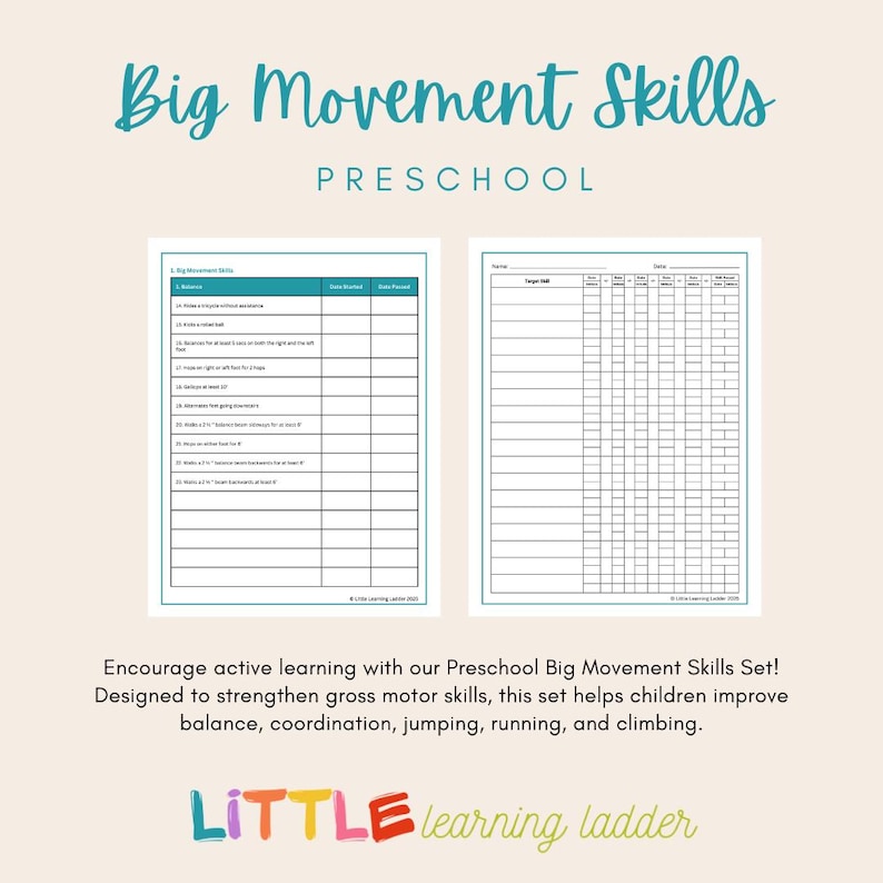 Puede incluir: Una lista de verificaci&oacute;n imprimible para preescolar para rastrear las habilidades de movimiento grandes. La lista de verificaci&oacute;n incluye una lista de habilidades como saltar, saltar y trepar. El texto "Big Movement Skills Preschool" est&aacute; en la parte superior de la p&aacute;gina.
