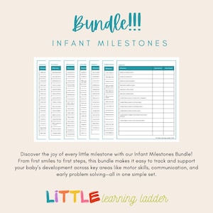 Puede incluir: Un paquete de hojas de seguimiento de hitos infantiles con encabezados turquesa y un fondo claro. El texto "Bundle!!!" e "Infant Milestones" están en la parte superior. El texto inferior dice "Little Learning Ladder".