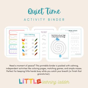 May include: A printable activity binder labelled "Quiet Time ACTIVITY BINDER". It features colouring pages, matching games, and mazes. The Little Learning Ladder logo is at the bottom of the image.