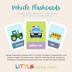 Puede incluir: Tarjetas didácticas de vehículos con un tractor verde, un coche de policía y un autobús amarillo. Las tarjetas tienen esquinas redondeadas y están etiquetadas con los nombres de los vehículos. El texto "Vehicle Flashcards" está en la parte superior.