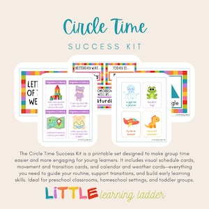 May include: A colorful Circle Time Success Kit with various educational cards. The kit includes cards with images of a teddy bear, a frog, a map, and an airplane. The text "Circle Time" and "Success Kit" are displayed at the top.