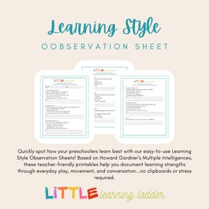 Learning Style Observation Sheets Printable | Multiple Intelligences Assessment for Preschool Teachers | Early Education Tool