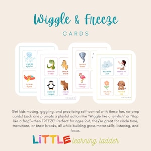 Könnte beinhalten: Ein Satz farbenfroher "Wiggle & Freeze" Karten mit Illustrationen von Tieren und Aktionen. Die Karten enthalten Aufforderungen wie "Wiggle like a jellyfish" und "Fly like an airplane". Der Text "LITTLE learning ladder" befindet sich unten.