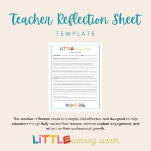 Puede incluir: Una plantilla de hoja de reflexión para profesores con el texto "Teacher Reflection Sheet" en escritura turquesa. La hoja incluye indicaciones para la revisión de la lección y la participación de los estudiantes. Las palabras "good job" están en la parte inferior.