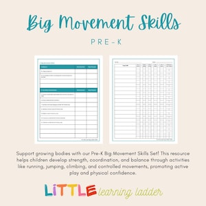 Puede incluir: Un conjunto de Habilidades de Movimiento Pre-K con dos p&aacute;ginas imprimibles. Una p&aacute;gina enumera las habilidades de movimiento, y la otra es una tabla para rastrear el progreso. El texto "Big Movement Skills" y "Little Learning Ladder" son visibles.