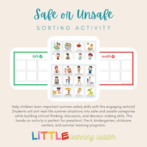 May include: A Safe or Unsafe sorting activity set featuring two rectangular boards with green and red borders, plus two sheets of illustrated cards depicting various summer scenarios. The text reads Safe or Unsafe Sorting Activity and Little Learning Ladder.