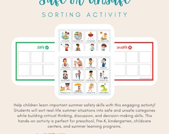 Summer Safety Activity | Safe and Unsafe Sorting Cards | Preschool Safety Lesson | Pre K Summer Theme | Printable Learning Game
