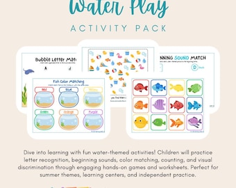 Water Play Activity Pack Printable | Summer Preschool Activities | Letter Matching | Beginning Sounds | Fish Color Match | I Spy Game