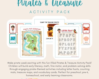 Pirate Activities for Preschool | Pirate Treasure Hunt Printable Pack | Pirate Letter Hunt | Counting Mats | Matching Cards