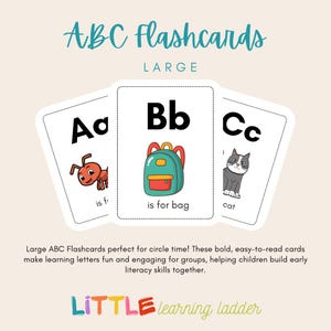 May include: ABC flashcards with the letters A, B, and C. Each card features a letter, a corresponding image, and a word. The letter A has an ant, B has a backpack, and C has a cat. The text "ABC Flashcards" is at the top.
