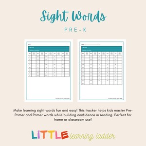 Puede incluir: Dos rastreadores de palabras a la vista imprimibles para Pre-K, con un encabezado turquesa y una cuadrícula de casillas en blanco. Las palabras "Sight Words PRE-K" están escritas en guión turquesa en la parte superior. El texto de abajo dice "Make learning sight words fun and easy!" y "LITTLE learning ladder" está en la parte inferior.