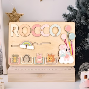 Rompecabezas de madera personalizado con nombre: tablero Montessori para actividades, regalo para el primer cumpleaños