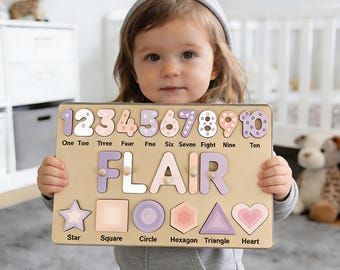 Casse-tête personnalisé, Tableau occupé fait main, Jouet Montessori avec motif géométrique, Prénom de bébé en bois
