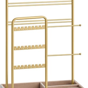 SONGMICS Jewelry Organizer Stand – Pale Gold Metal Frame with Velvet Tray for Necklaces, Earrings, Bracelets, Rings & Studs – Gift Idea