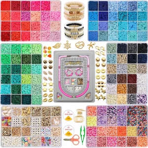 May include: A collection of jewelry-making supplies, including colorful beads, bracelets, necklaces, and various charms. The beads are organized in clear plastic containers, with a variety of colors and shapes. Also included are elastic string, clasps, and scissors.