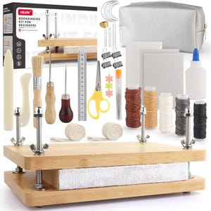 May include: A bookbinding kit for beginners, featuring a wooden press, tools, and supplies. Includes a bone folder, brushes, awls, scissors, needles, thread, glue, and a carrying case. The kit is designed for crafting and DIY projects.