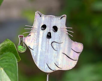 Estaca para plantas con forma de fantasma de vidriera de Halloween, regalo de jardinería para amantes de los gatos.